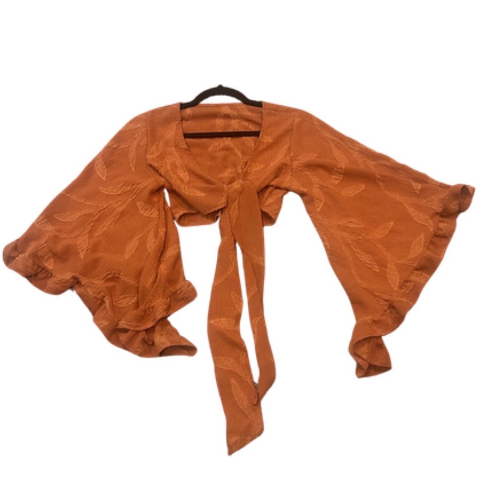 Bell Sleeve Tie Front Blouse Crop Top | Rust | Size XS